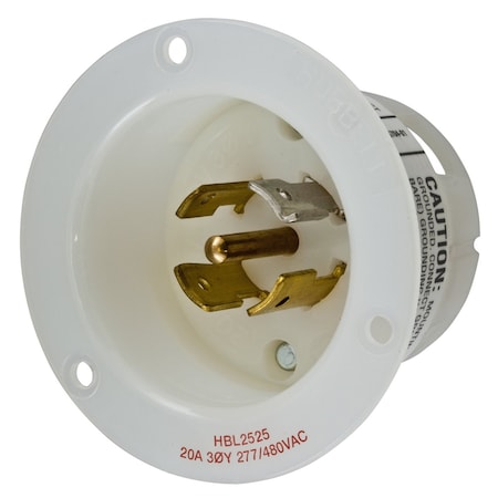 Hubbell Wiring Device-Kellems Flanged Locking Inlet, 20 A, 277/480V AC, Three Phase, 4 Pole, Screw Terminals, White HBL2525